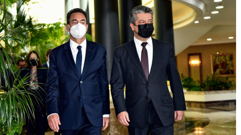 Kurdistan Region Prime Minister, Masrour Barzani (Right) with Eric Chevalier, French Ambassador to Iraq July 19, 2022. (Photo: KRG)